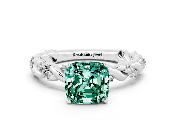 Silver Cushion Cut Green Sapphire Solitaire Ring with Twisted Band and Pavé Accents