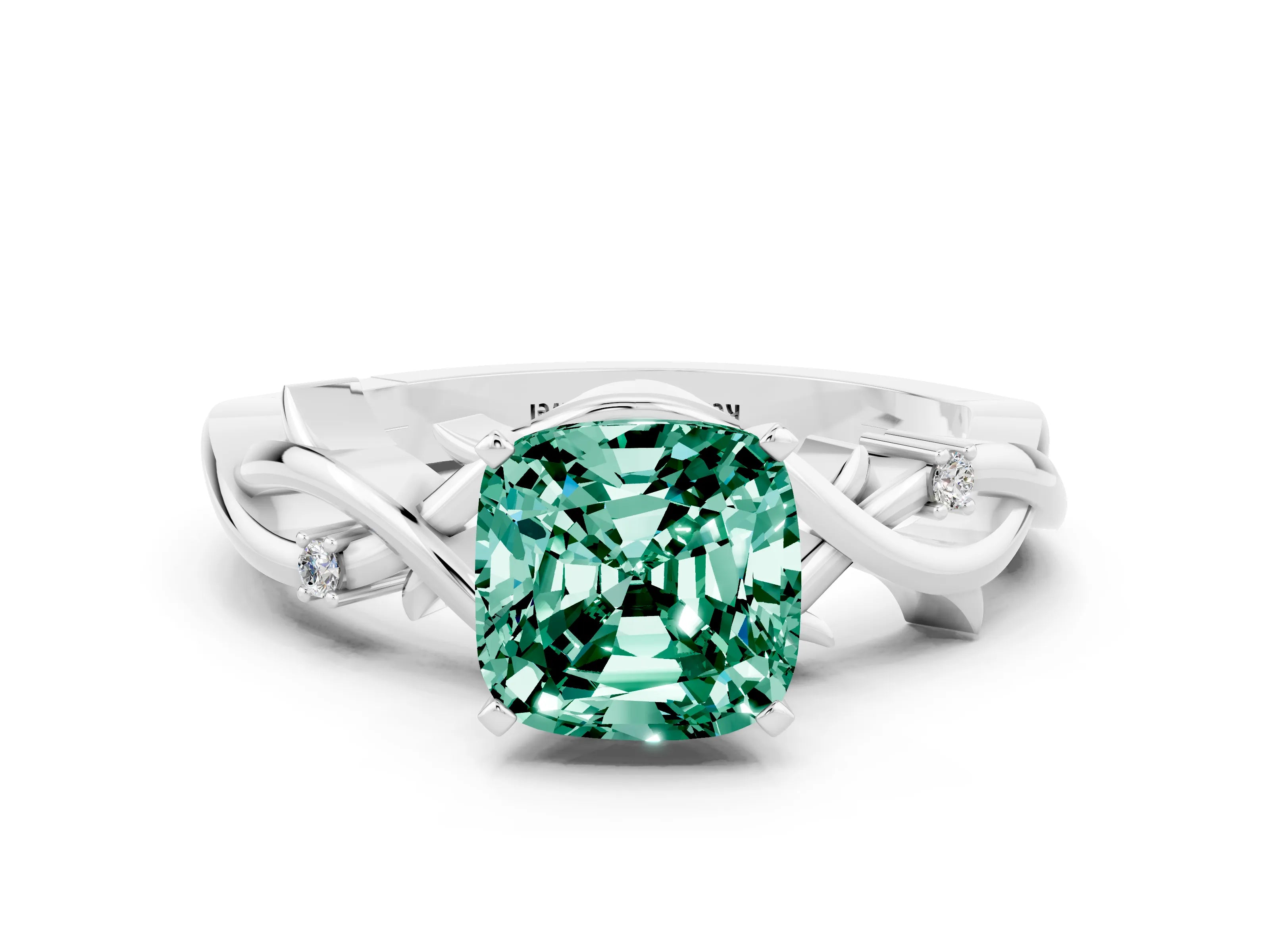 White gold Cushion Cut Green Sapphire Solitaire Ring with Twisted Band and Prong Setting_12