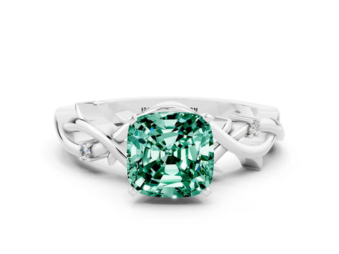 White gold Cushion Cut Green Sapphire Solitaire Ring with Twisted Band and Prong Setting_12