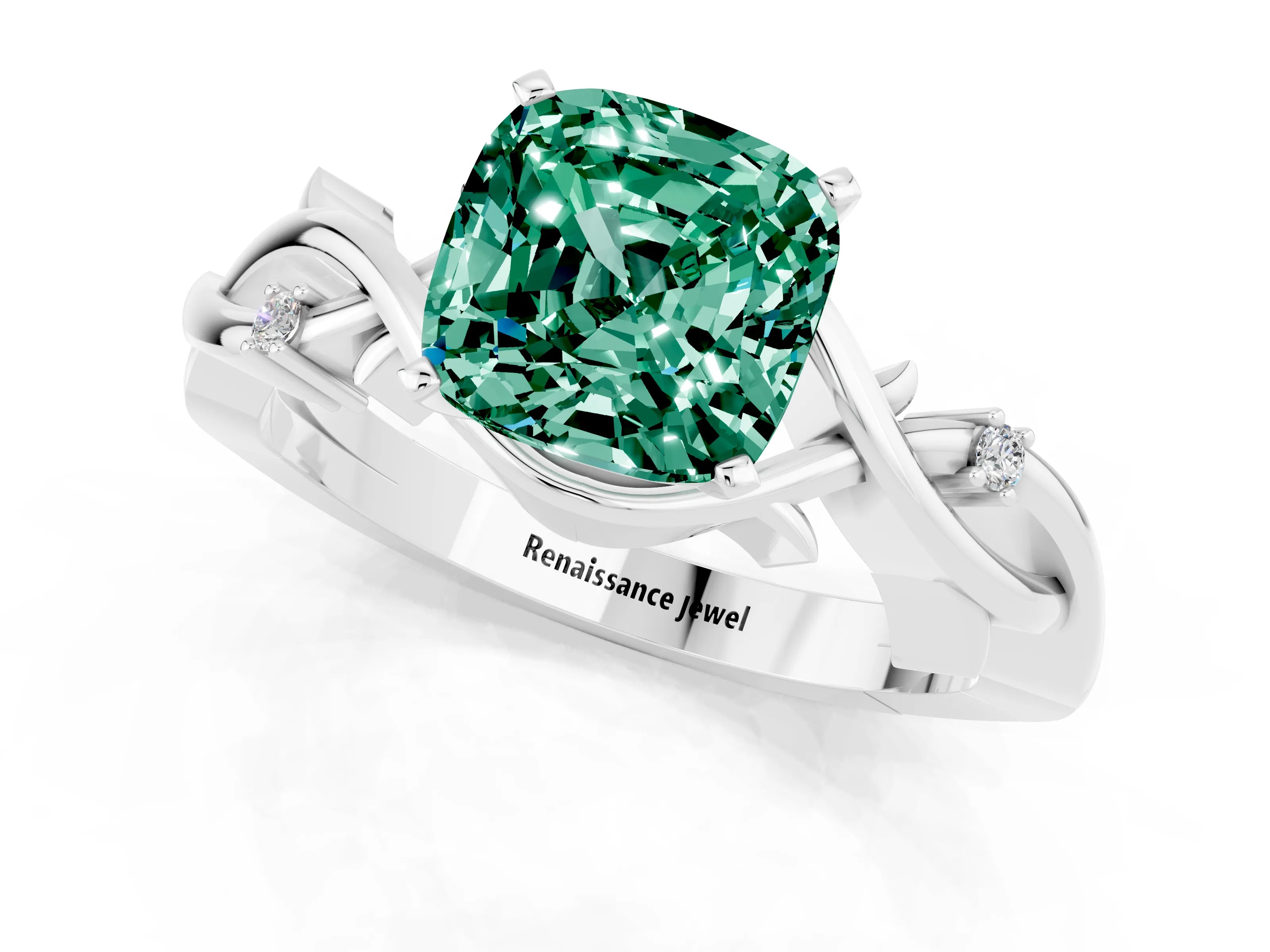 White gold Cushion Cut Green Sapphire Solitaire Ring with Twisted Band and Prong Setting_13