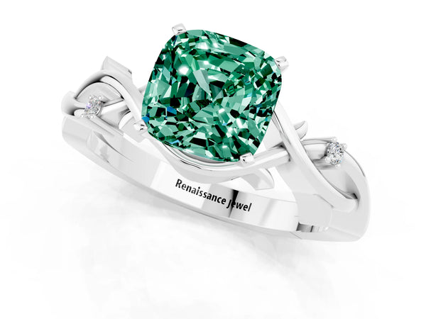 White gold Cushion Cut Green Sapphire Solitaire Ring with Twisted Band and Prong Setting