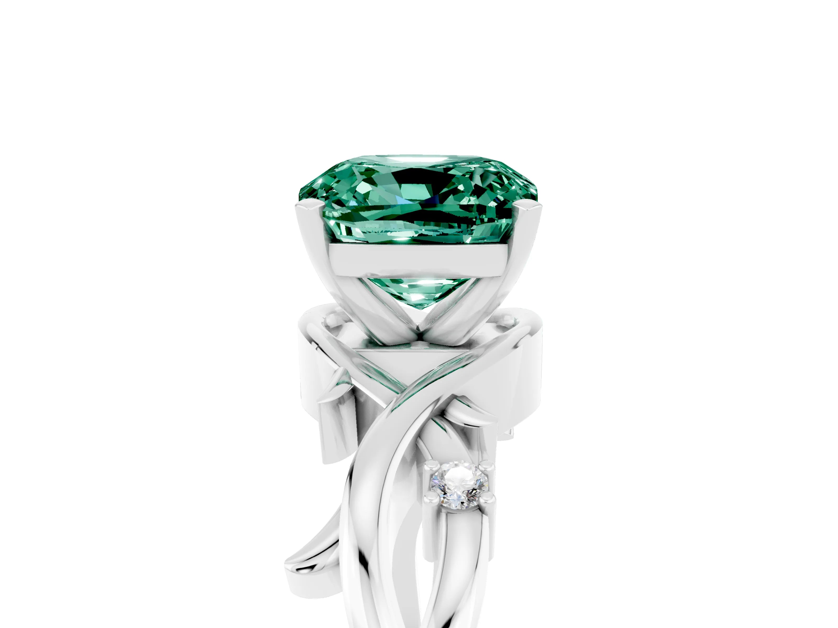 White gold Cushion Cut Green Sapphire Solitaire Ring with Twisted Band and Prong Setting_17