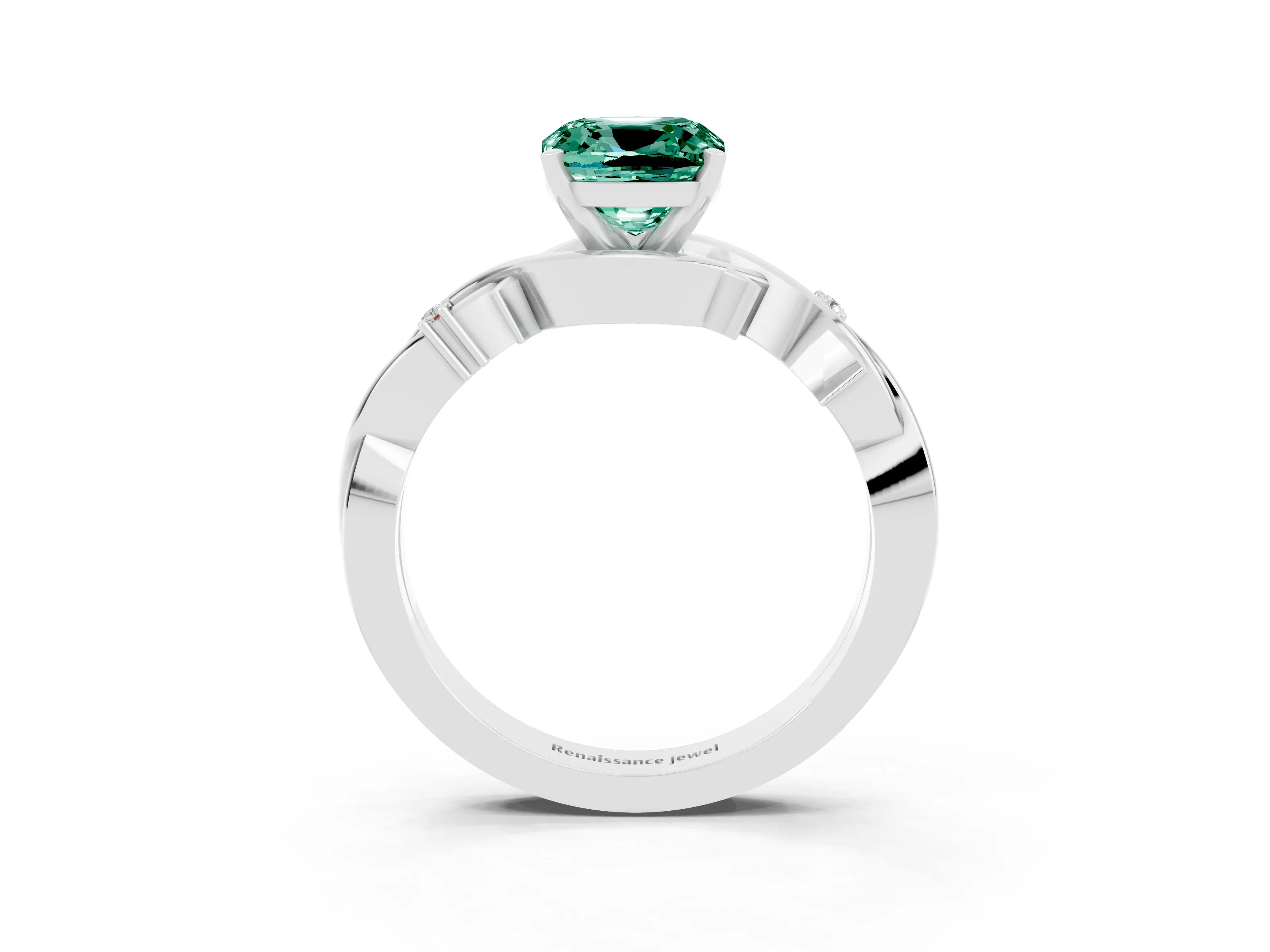 White gold Cushion Cut Green Sapphire Solitaire Ring with Twisted Band and Prong Setting_3