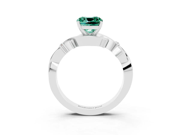 Silver Cushion Cut Green Sapphire Solitaire Ring with Twisted Band and Prong Setting