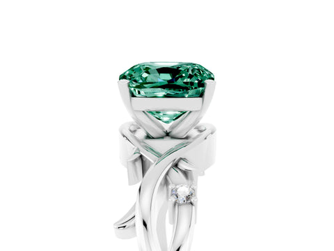 White gold Cushion Cut Green Sapphire Solitaire Ring with Twisted Band and Prong Setting_5