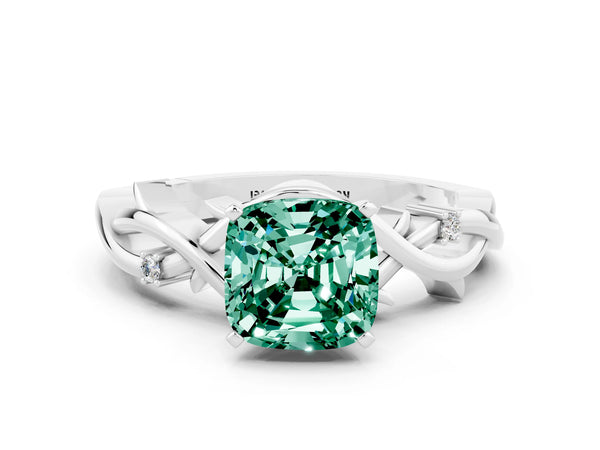 Silver Cushion Cut Green Sapphire Solitaire Ring with Twisted Band and Prong Setting