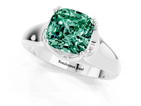 White gold Cushion Cut Green Sapphire Solitaire Ring with Wide Band and Prong Setting_1