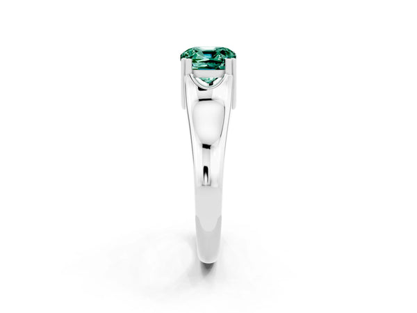 Platinum Cushion Cut Green Sapphire Solitaire Ring with Wide Band and Prong Setting