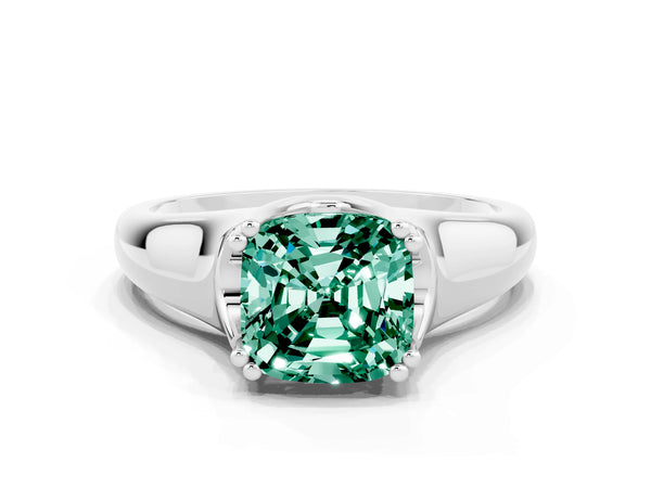 White gold Cushion Cut Green Sapphire Solitaire Ring with Wide Band and Prong Setting