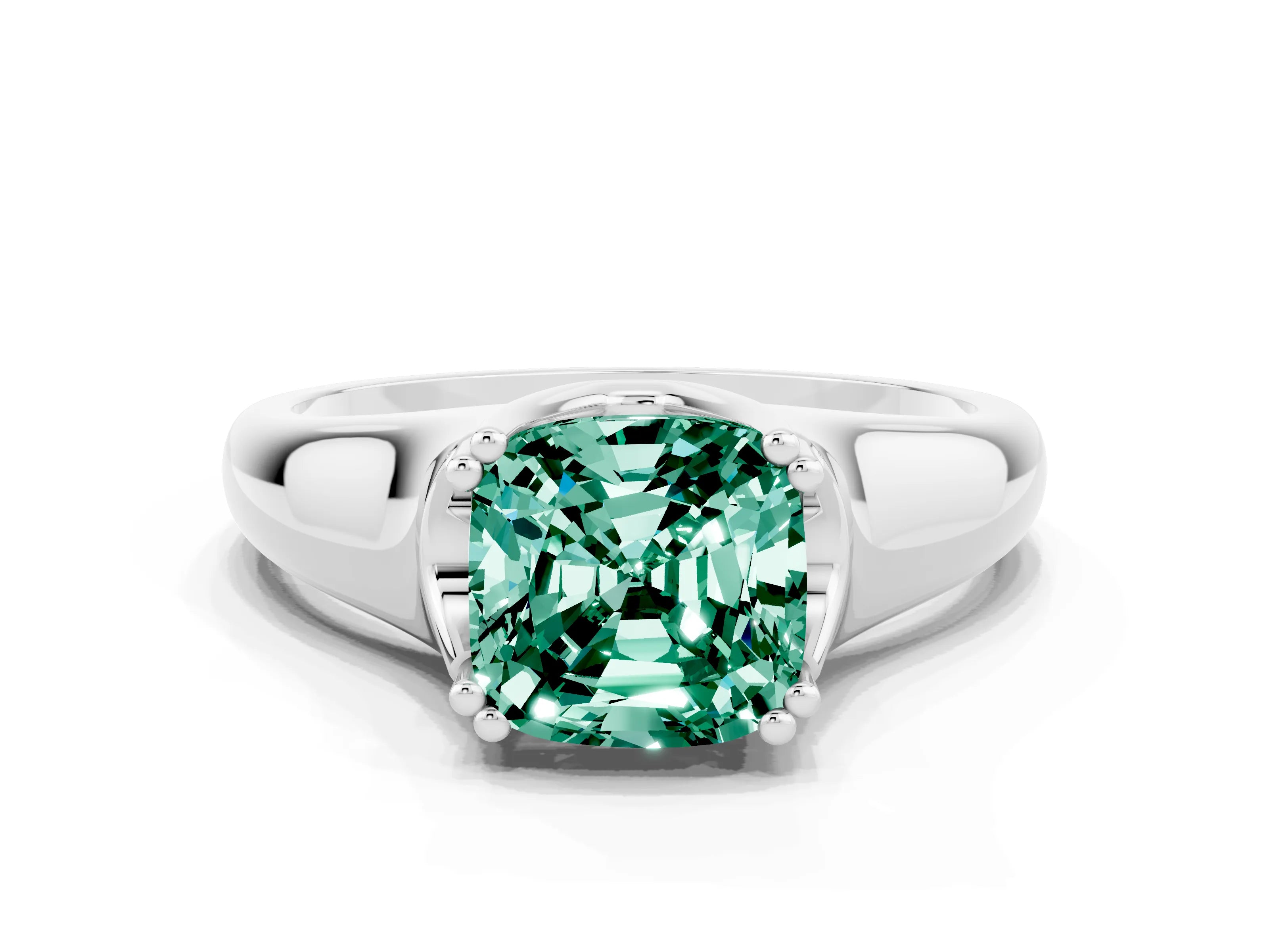 White gold Cushion Cut Green Sapphire Solitaire Ring with Wide Band and Prong Setting