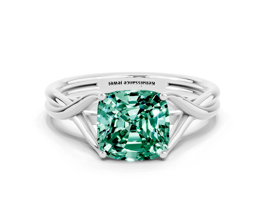 White gold Cushion Cut Green Sapphire Solitaire Twist Band Prong Setting Ring_58