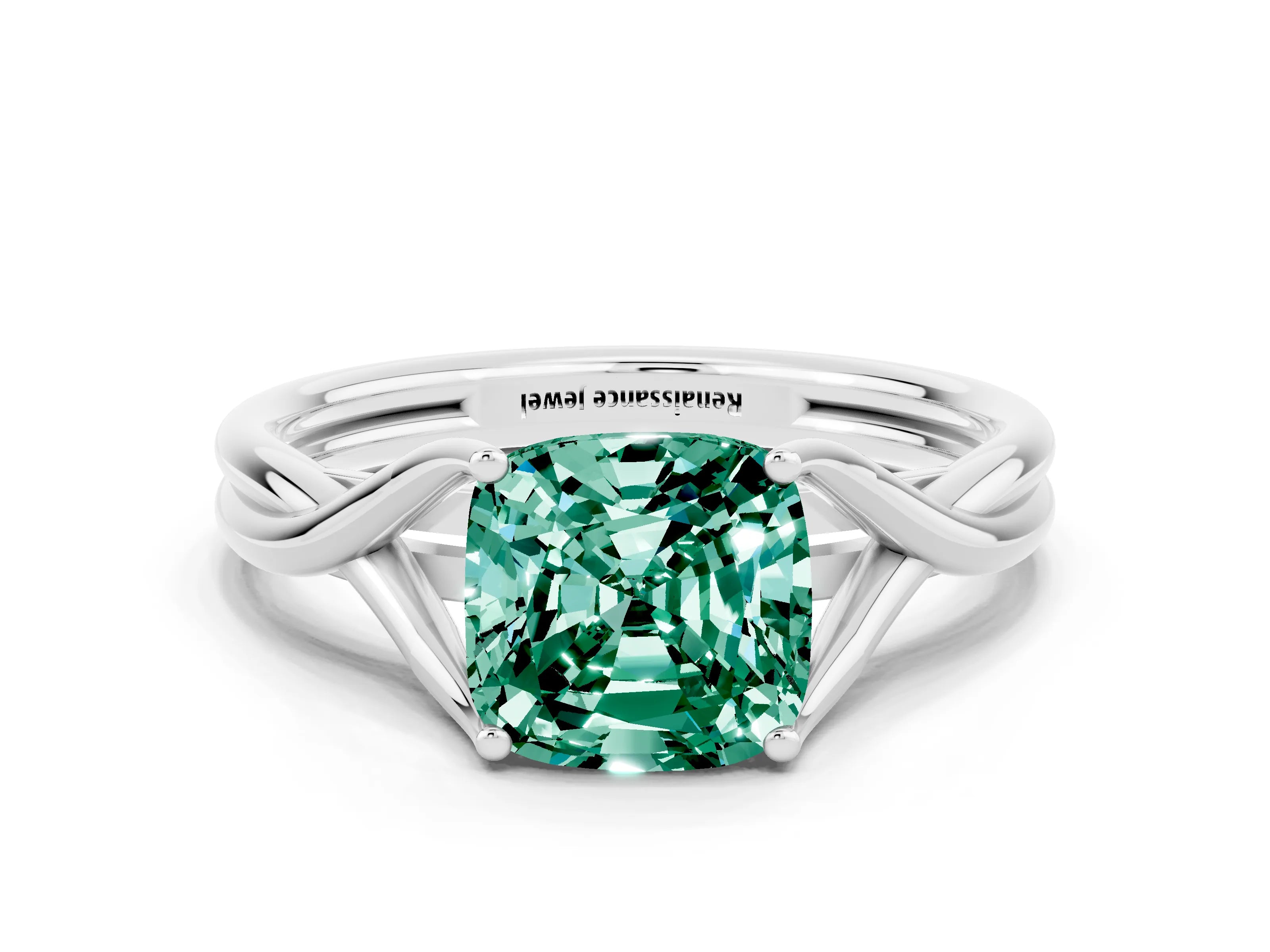 White gold Cushion Cut Green Sapphire Solitaire Twist Band Prong Setting Ring_58