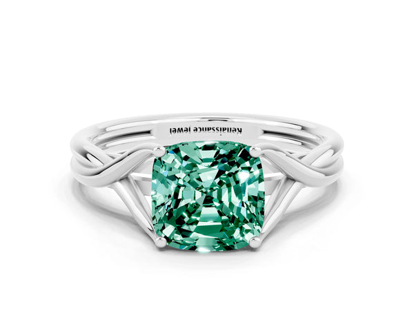 Silver Cushion Cut Green Sapphire Solitaire Twist Band Prong Setting Ring