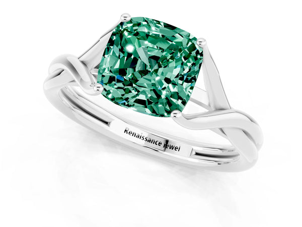 Platinum Cushion Cut Green Sapphire Solitaire Twist Band Prong Setting Ring