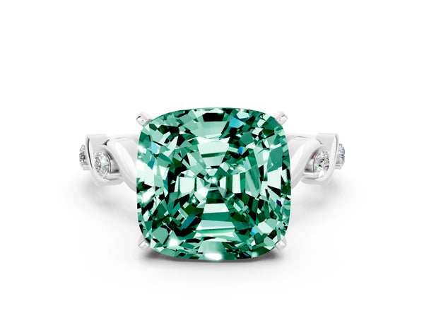 Silver Cushion Cut Green Sapphire Solitaire Twisted Band with Round  Accents and Prong Setting