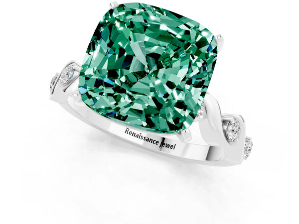 Silver Cushion Cut Green Sapphire Solitaire Twisted Band with Round  Accents and Prong Setting