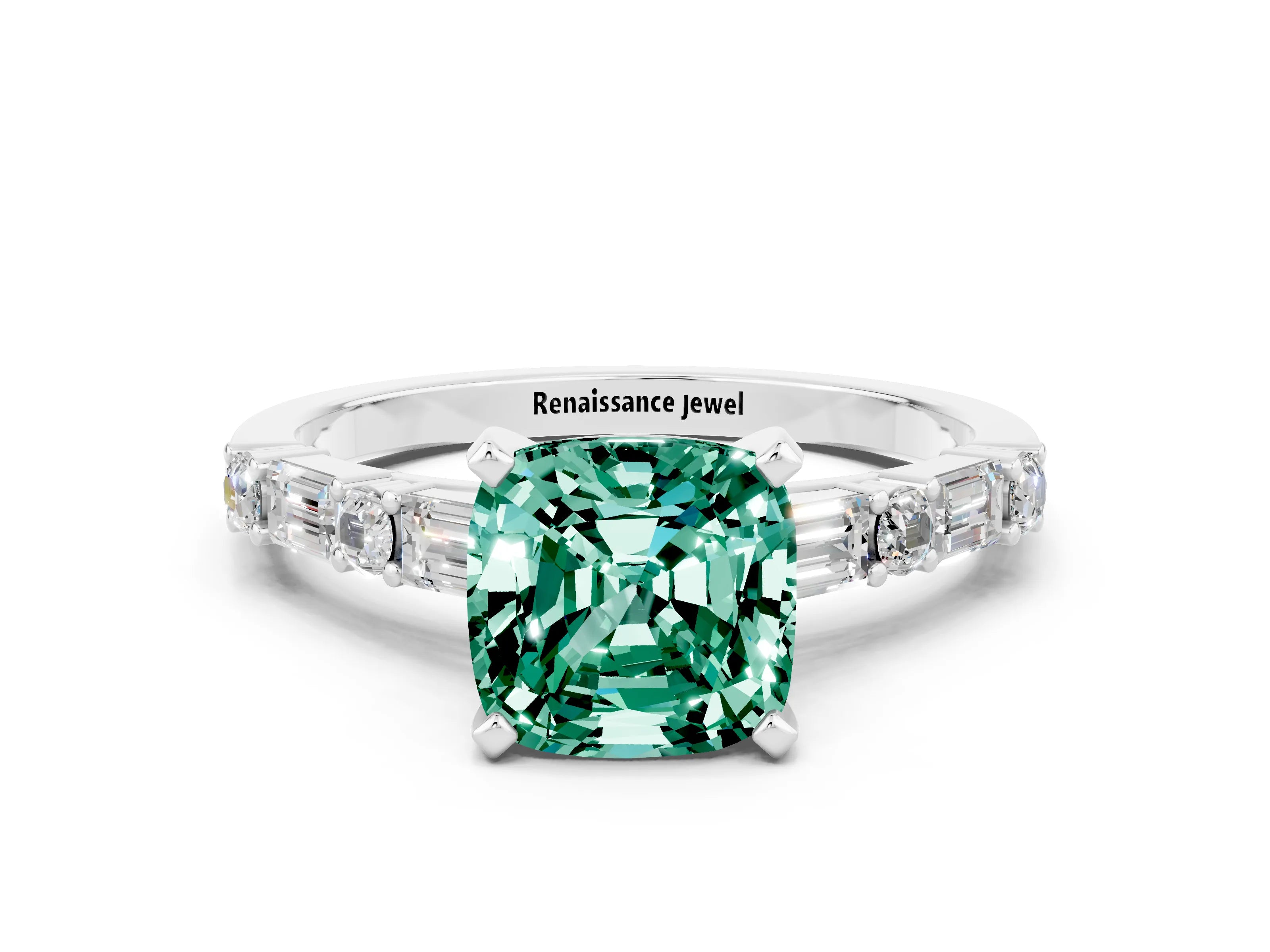 White gold Cushion Cut Green Sapphire Solitaire with Side Baguettes and Channel Set Band