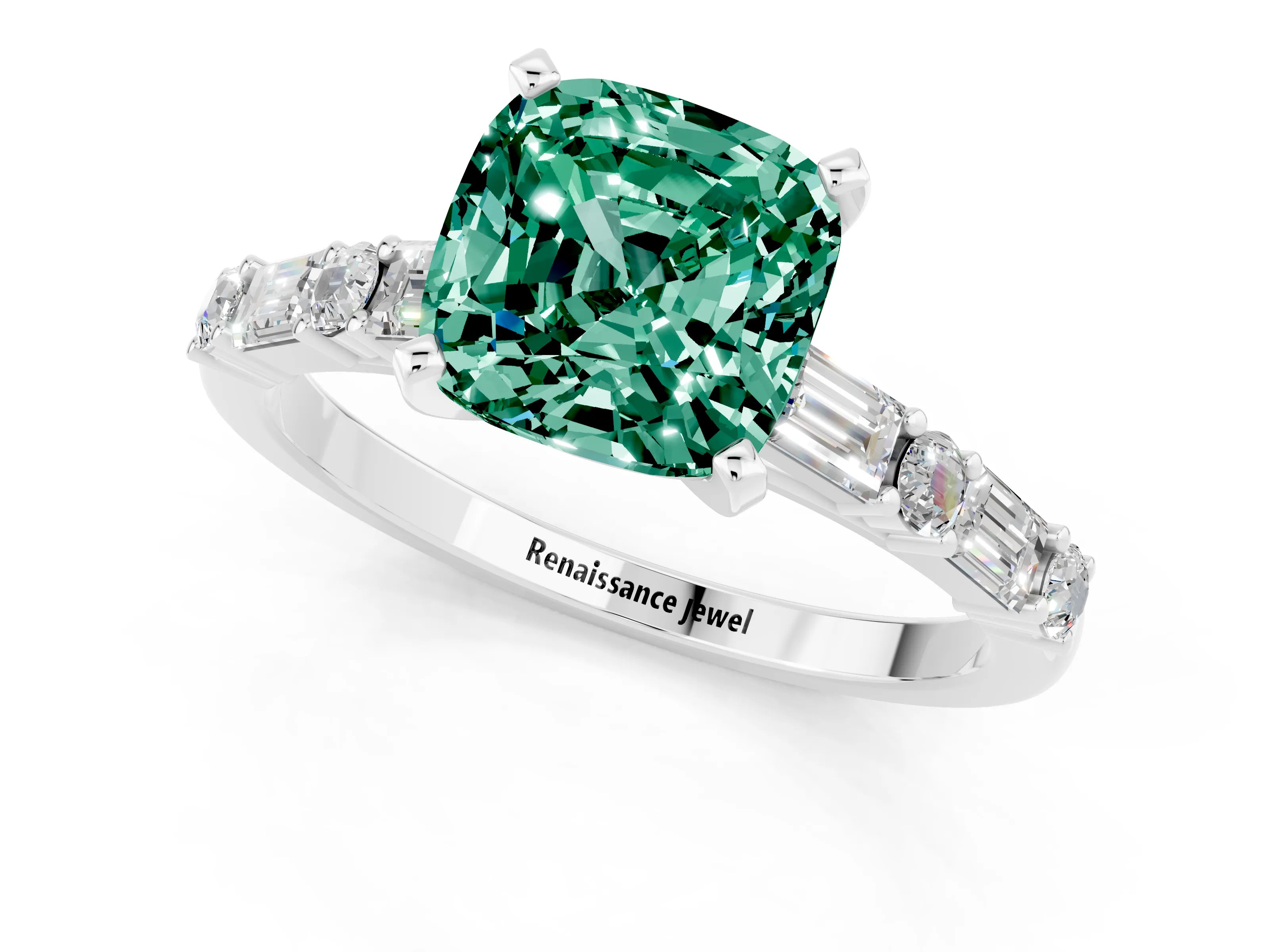 White gold Cushion Cut Green Sapphire Solitaire with Side Baguettes and Channel Set Band_1
