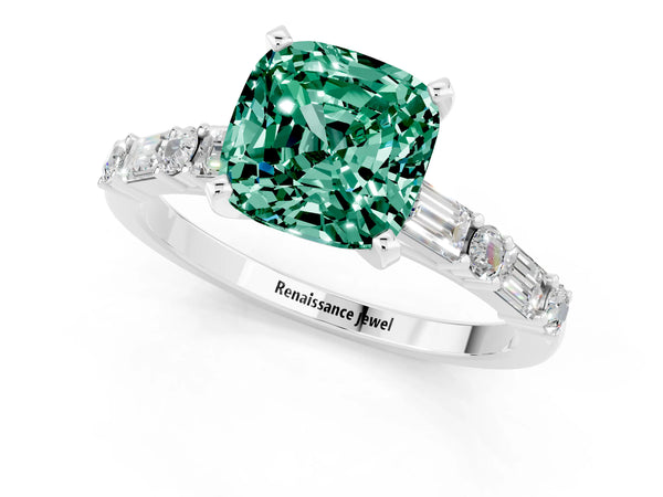 White gold Cushion Cut Green Sapphire Solitaire with Side Baguettes and Channel Set Band