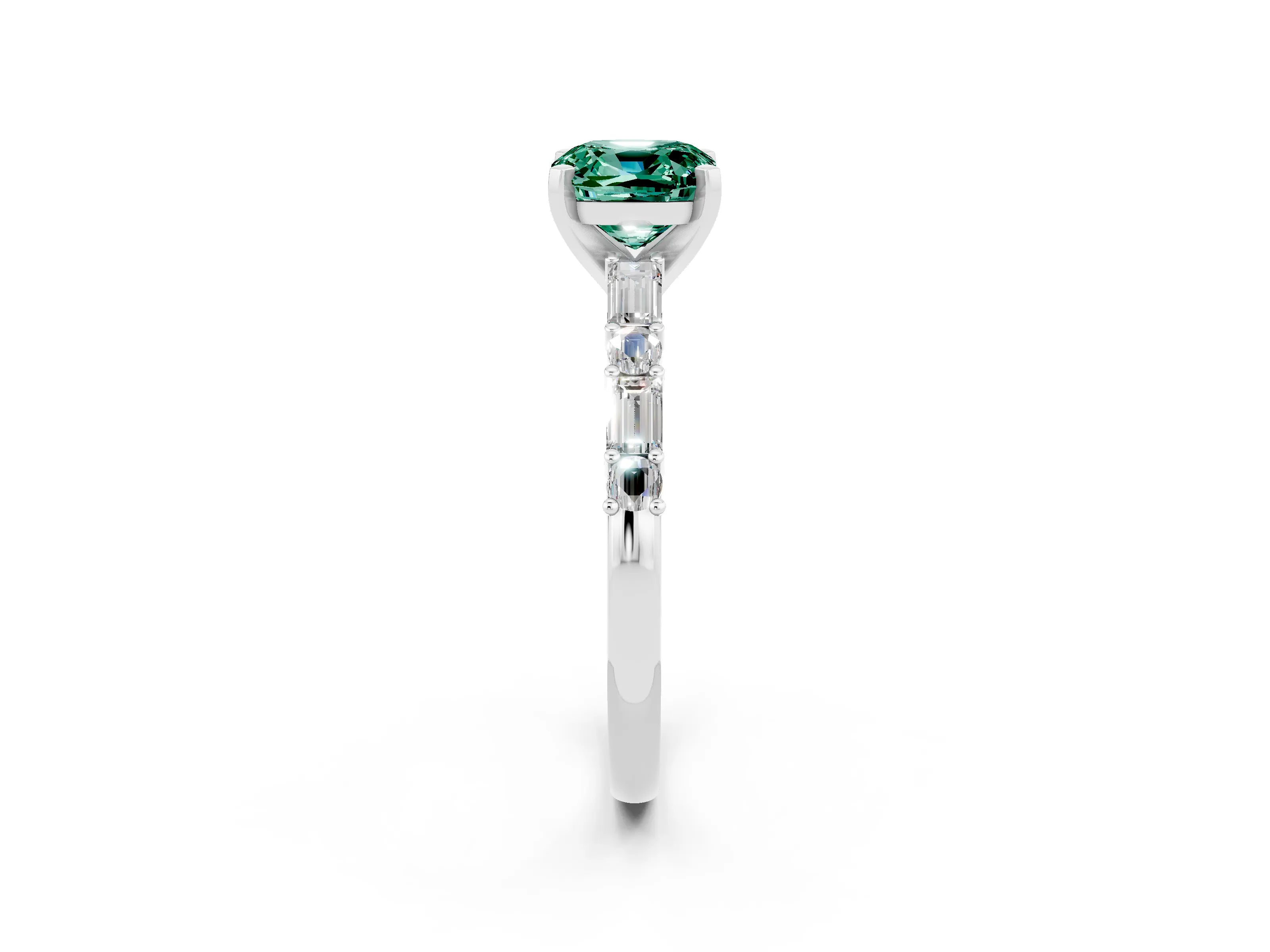 White gold Cushion Cut Green Sapphire Solitaire with Side Baguettes and Channel Set Band_2