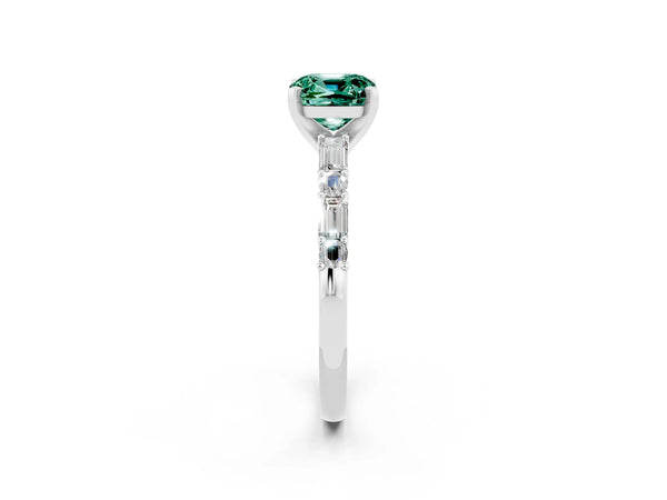 Silver Cushion Cut Green Sapphire Solitaire with Side Baguettes and Channel Set Band