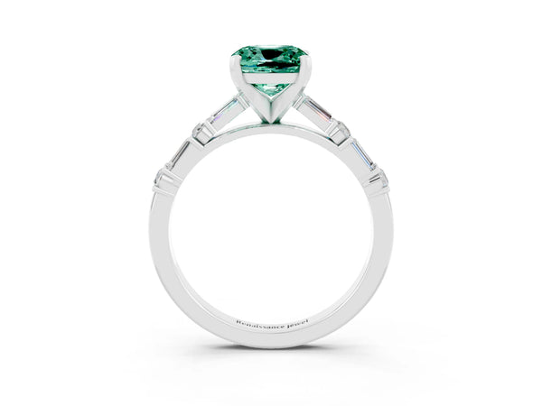 White gold Cushion Cut Green Sapphire Solitaire with Side Baguettes and Channel Set Band