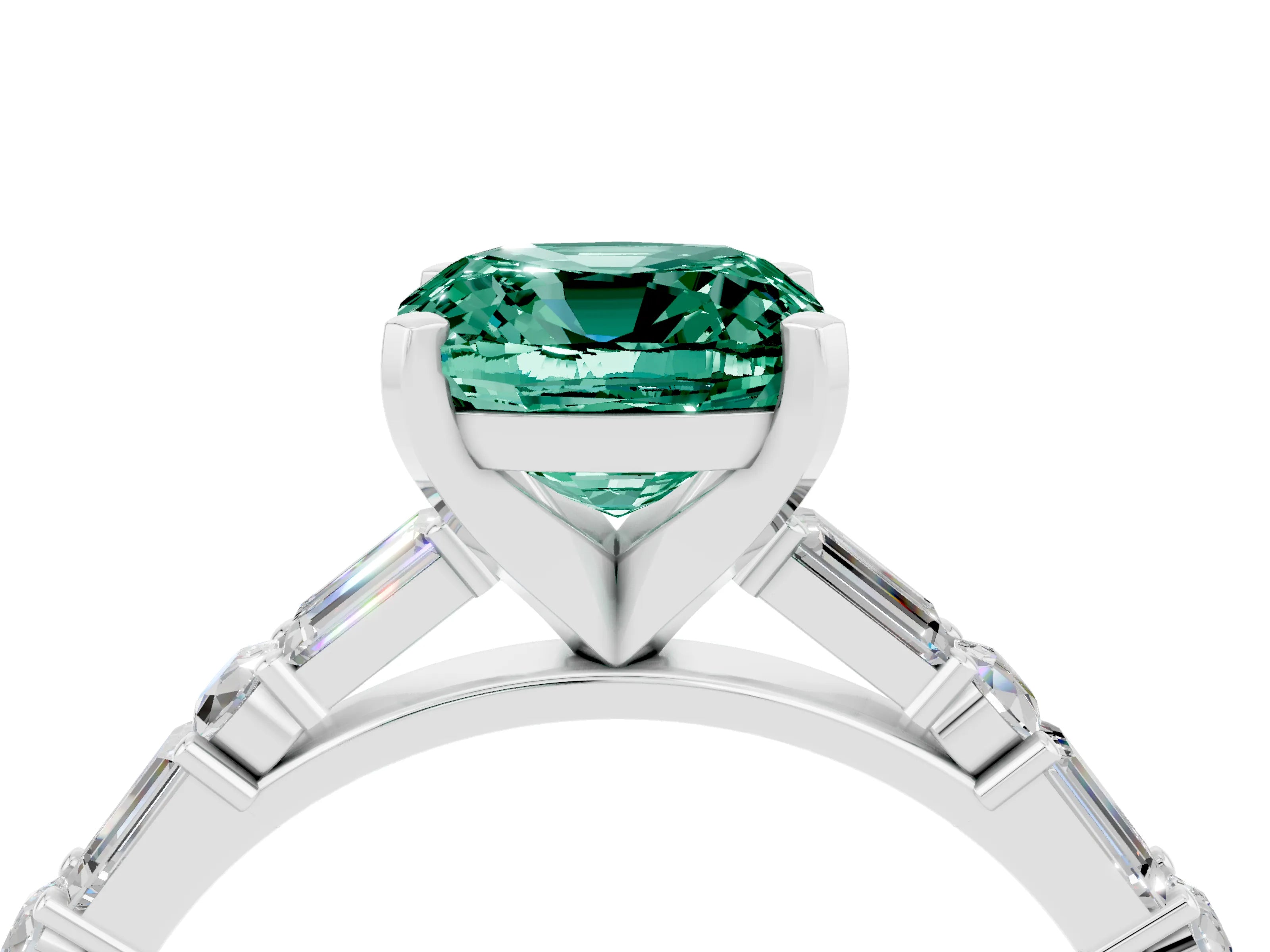 White gold Cushion Cut Green Sapphire Solitaire with Side Baguettes and Channel Set Band_4
