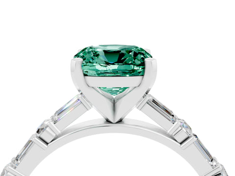 White gold Cushion Cut Green Sapphire Solitaire with Side Baguettes and Channel Set Band_4