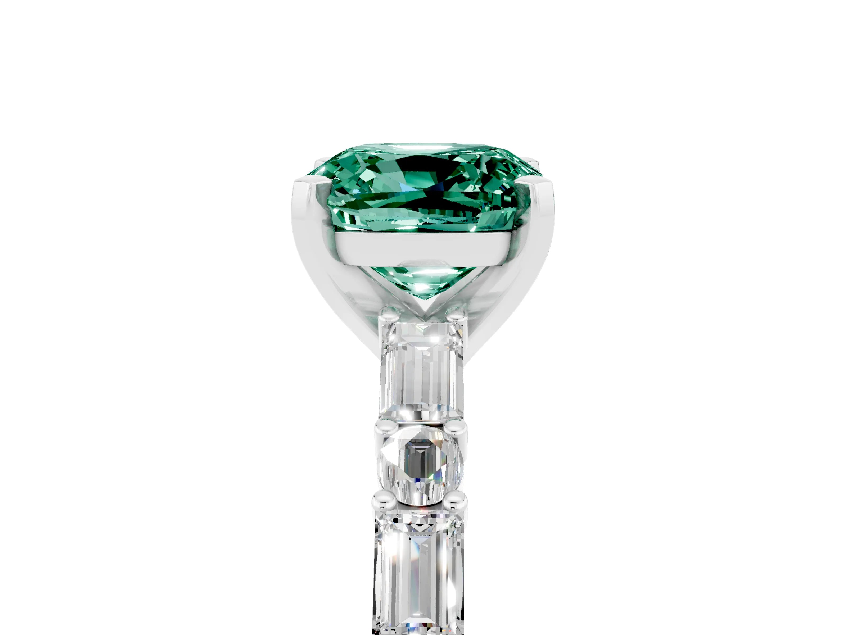 White gold Cushion Cut Green Sapphire Solitaire with Side Baguettes and Channel Set Band_5