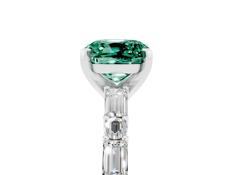 White gold Cushion Cut Green Sapphire Solitaire with Side Baguettes and Channel Set Band_5