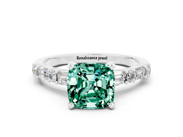 Silver Cushion Cut Green Sapphire Solitaire with Side Baguettes and Channel Set Band