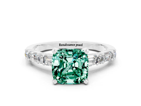 White gold Cushion Cut Green Sapphire Solitaire with Side Baguettes and Channel Set Band