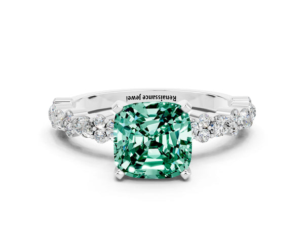 Platinum Cushion Cut Green Sapphire Side Stone Solitaire Ring with Round  and Four-Prong Setting