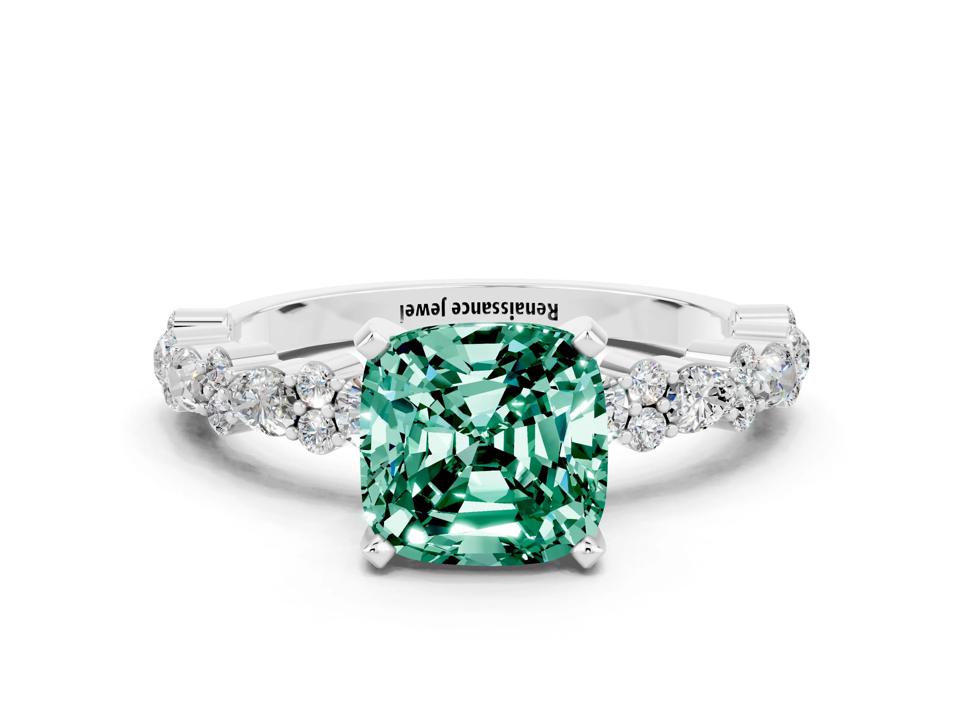 White gold Cushion Cut Green Sapphire Solitaire with Side Stones, Pave Band, Four-Prong Setting_24