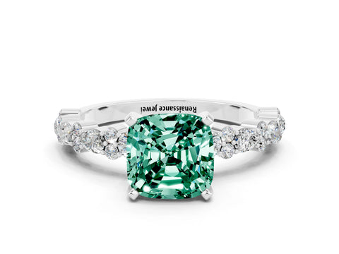 White gold Cushion Cut Green Sapphire Solitaire with Side Stones, Pave Band, Four-Prong Setting_24