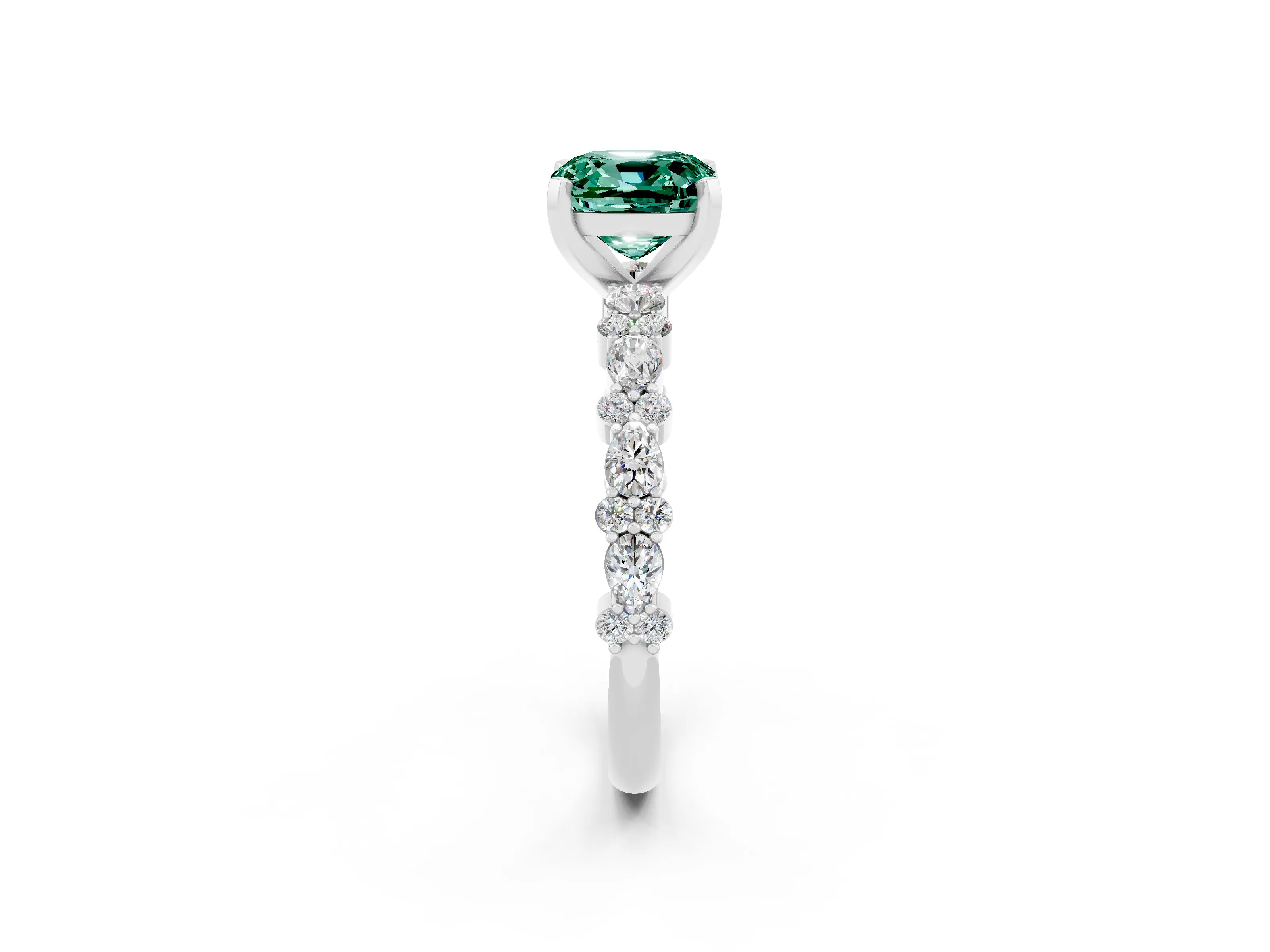 White gold Cushion Cut Green Sapphire Solitaire with Side Stones, Pave Band, Four-Prong Setting_26