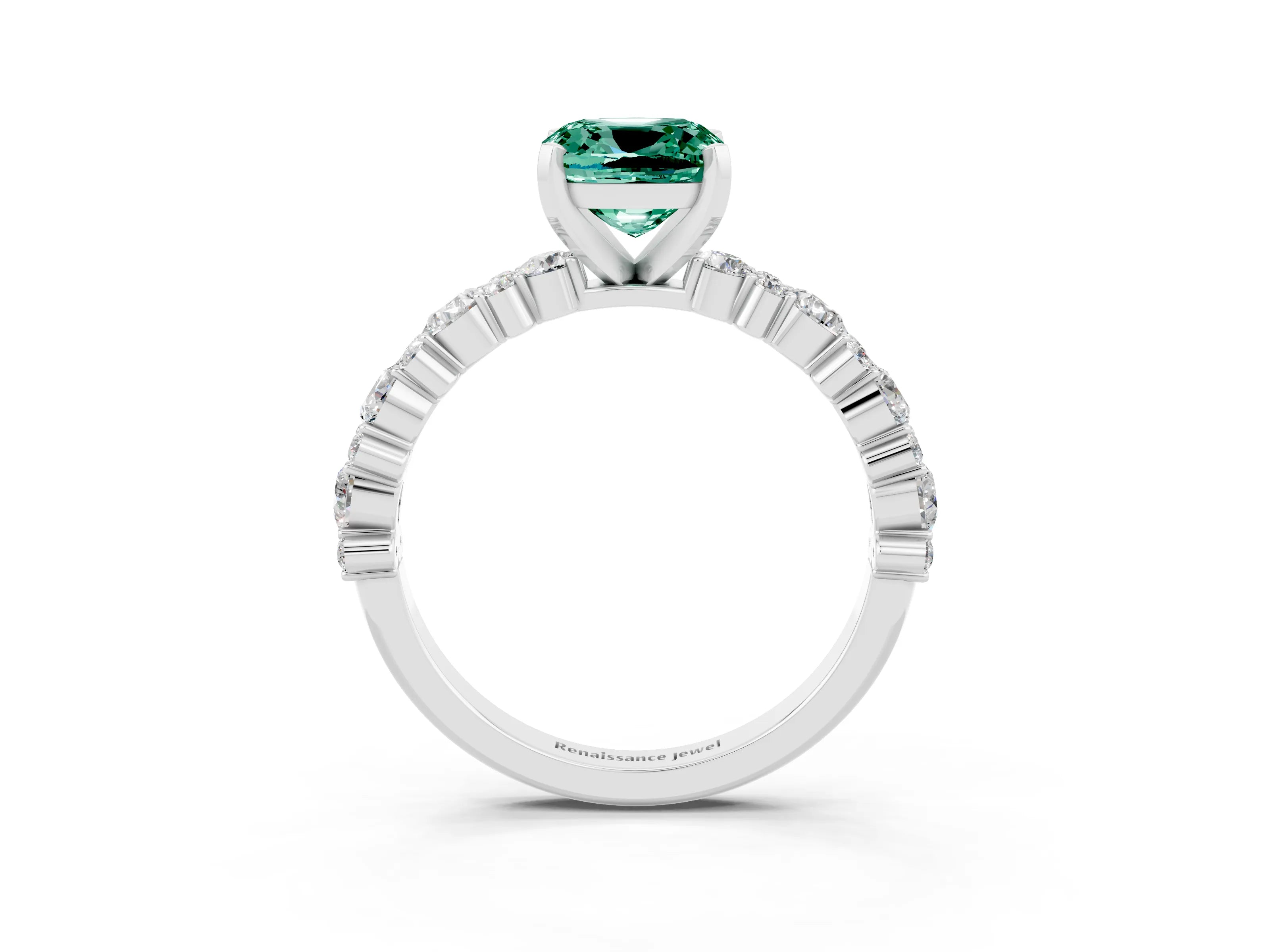 White gold Cushion Cut Green Sapphire Solitaire with Side Stones, Pave Band, Four-Prong Setting_27