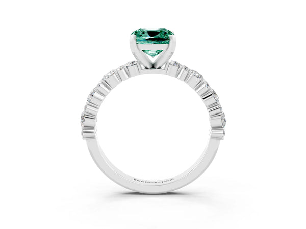 White gold Cushion Cut Green Sapphire Side Stone Solitaire Ring with Round  and Four-Prong Setting