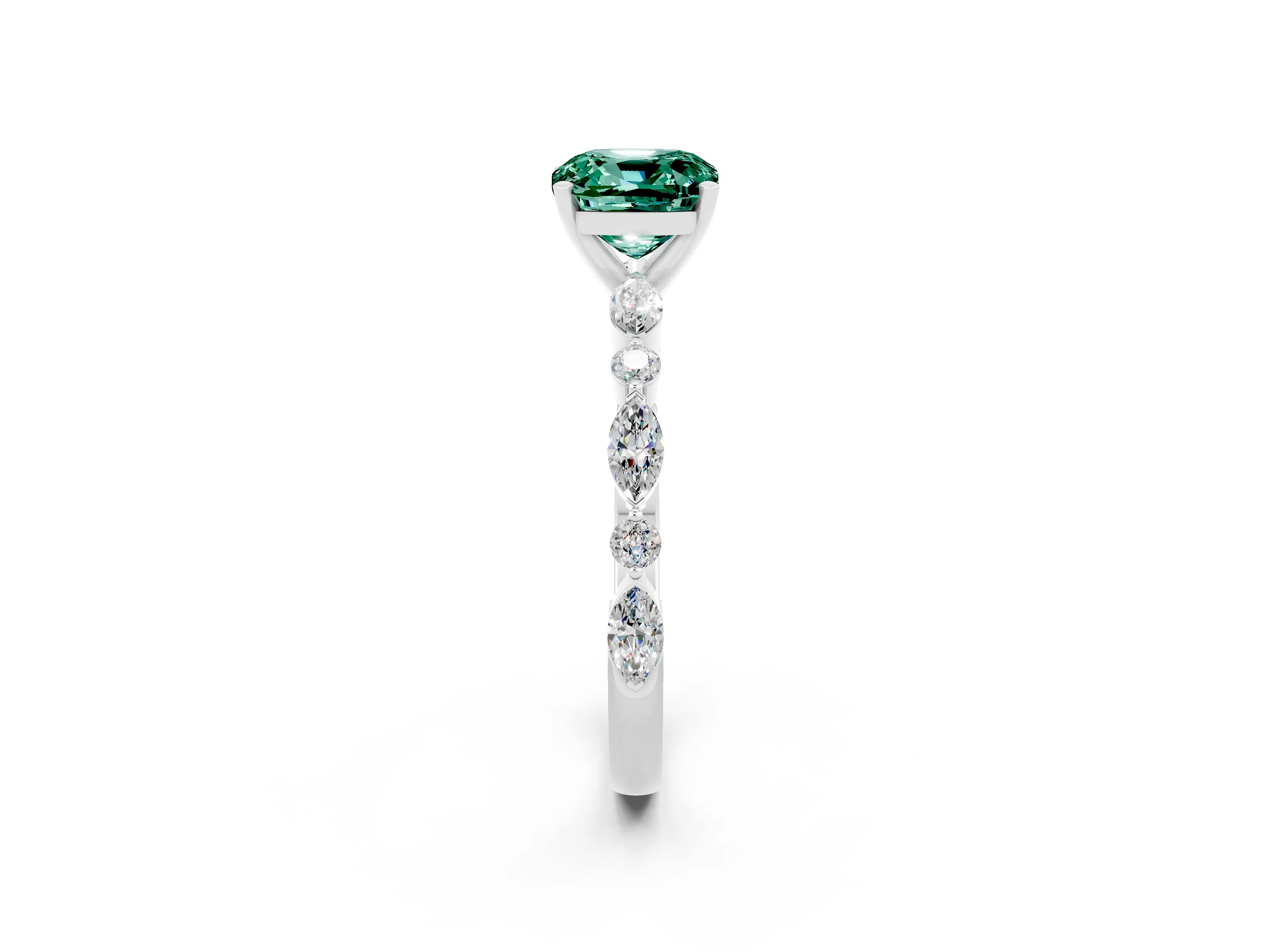 White gold Cushion Cut Green Sapphire Solitaire with Side Stones on a Pavé Band and Four-Prong Setting_2