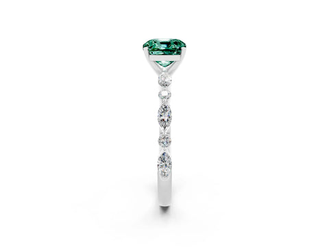 White gold Cushion Cut Green Sapphire Solitaire with Side Stones on a Pavé Band and Four-Prong Setting_2