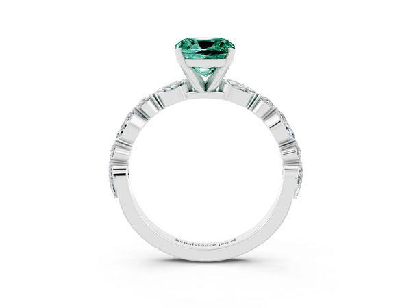 Platinum Cushion Cut Green Sapphire Ring with Marquise and Round  Side Stones and Four-Prong Setting