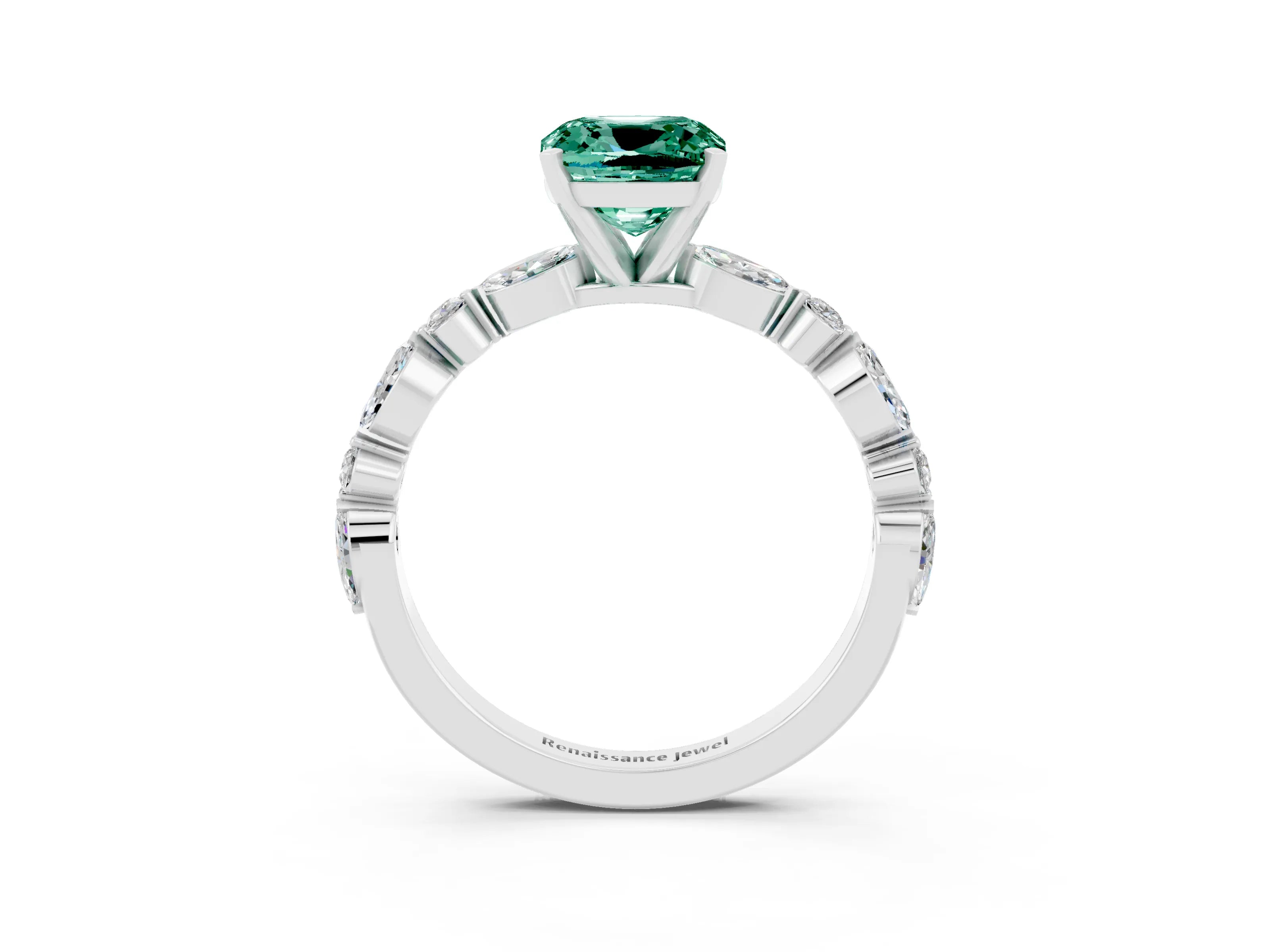 White gold Cushion Cut Green Sapphire Solitaire with Side Stones on a Pavé Band and Four-Prong Setting_3