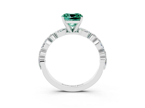 White gold Cushion Cut Green Sapphire Solitaire with Side Stones on a Pavé Band and Four-Prong Setting_3