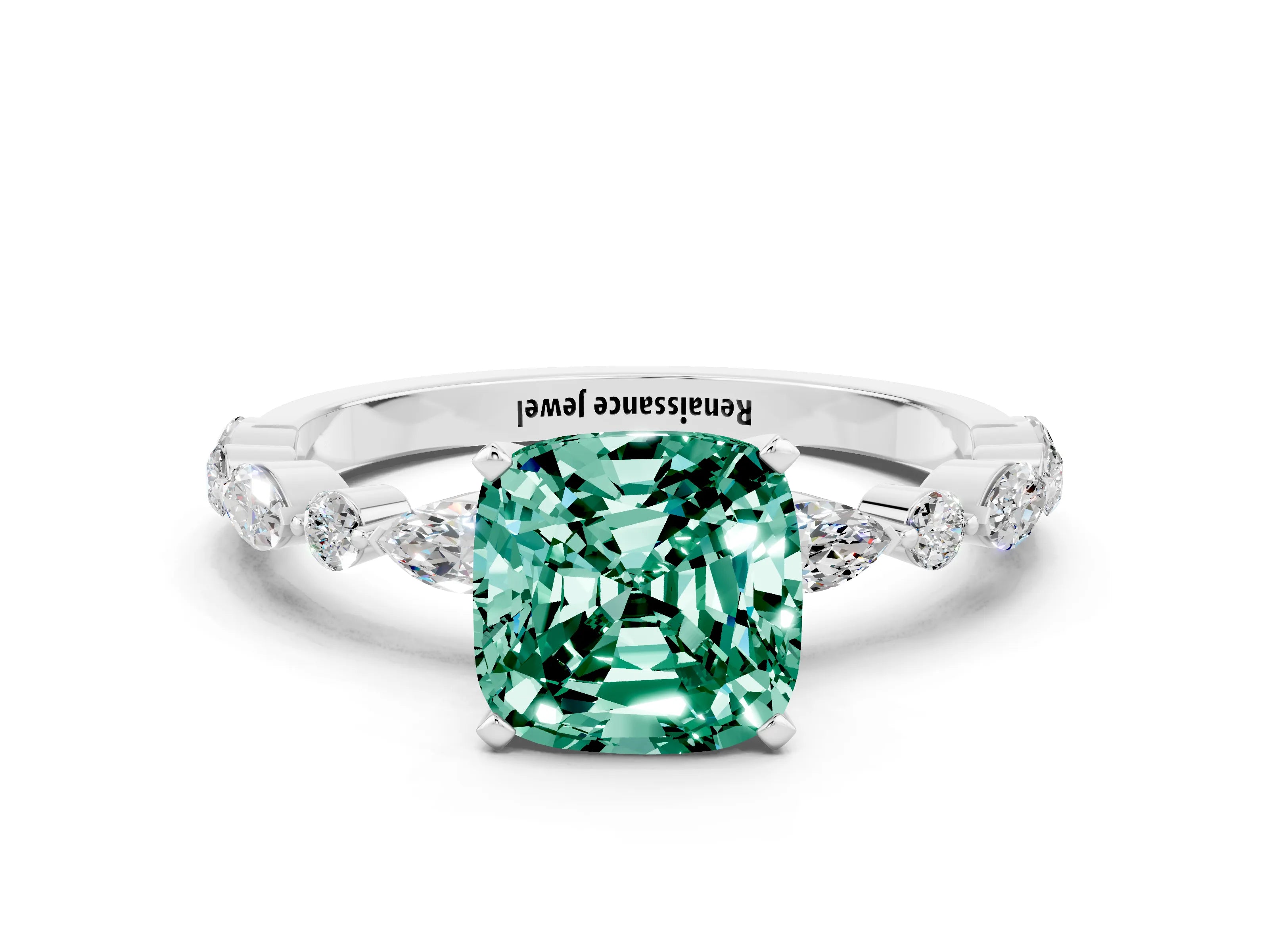 White gold Cushion Cut Green Sapphire Solitaire with Side Stones on a Pavé Band and Four-Prong Setting