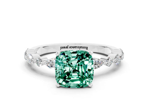 White gold Cushion Cut Green Sapphire Solitaire with Side Stones on a Pavé Band and Four-Prong Setting