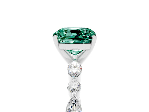 White gold Cushion Cut Green Sapphire Solitaire with Side Stones on a Pavé Band and Four-Prong Setting_5