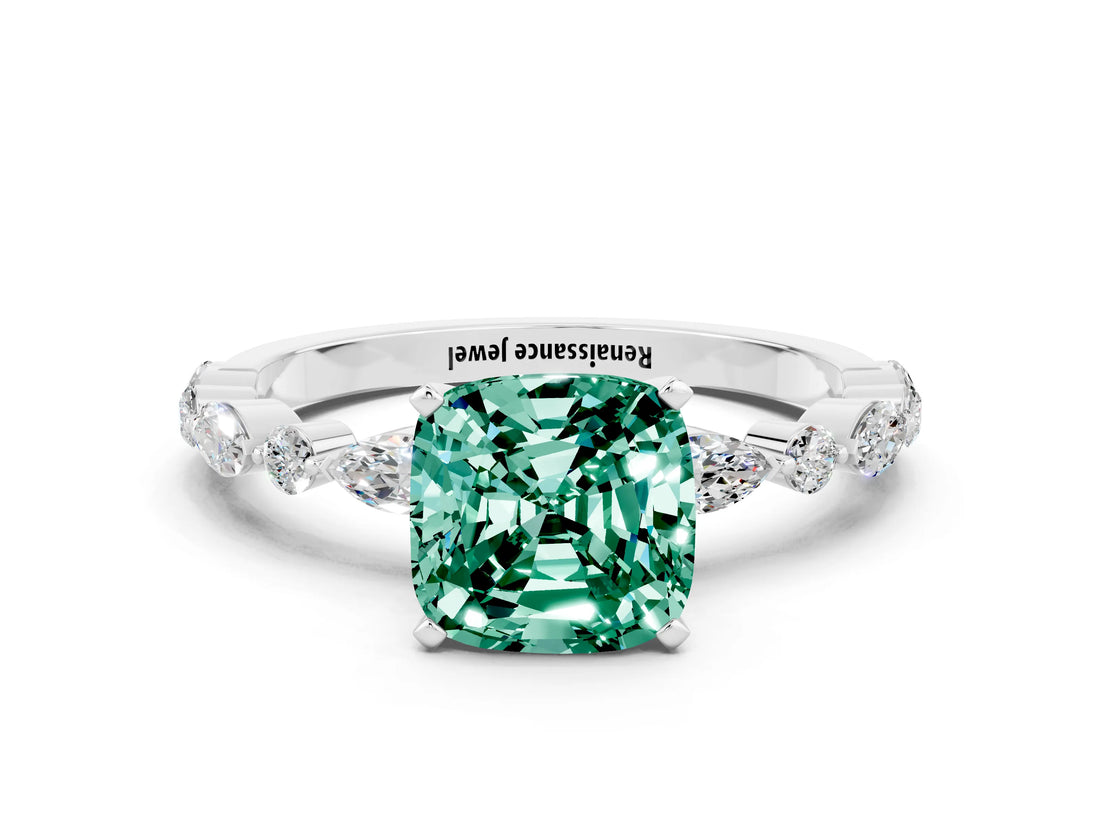 White gold Cushion Cut Green Sapphire Solitaire with Side Stones on a Pavé Band and Four-Prong Setting