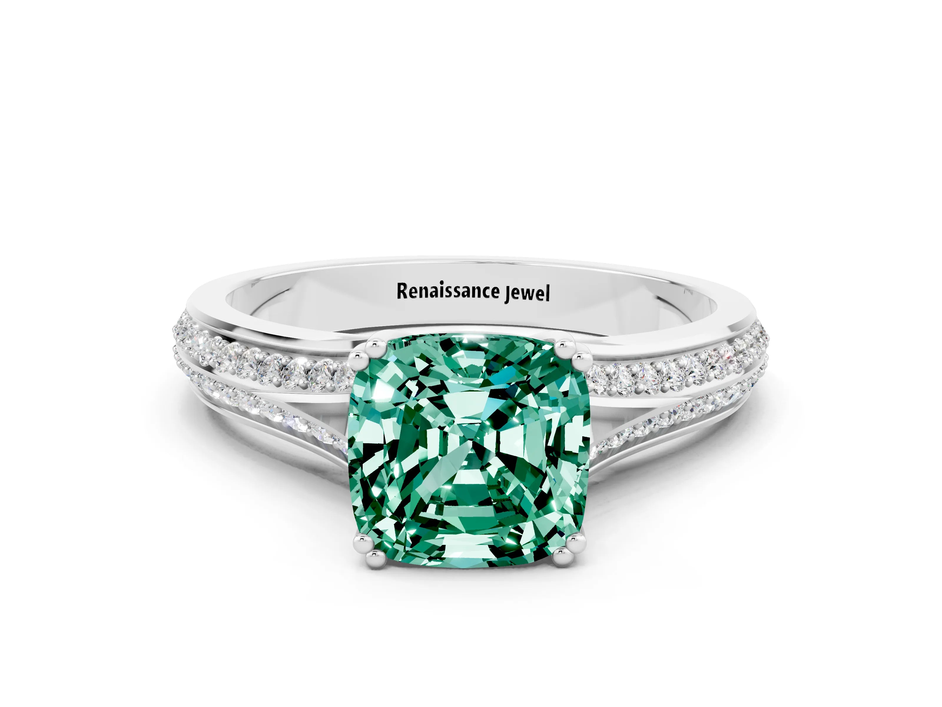 White gold Cushion Cut Green Sapphire Split Shank Engagement Ring with Pavé Band