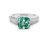 White gold Cushion Cut Green Sapphire Split Shank Engagement Ring with Pavé Band