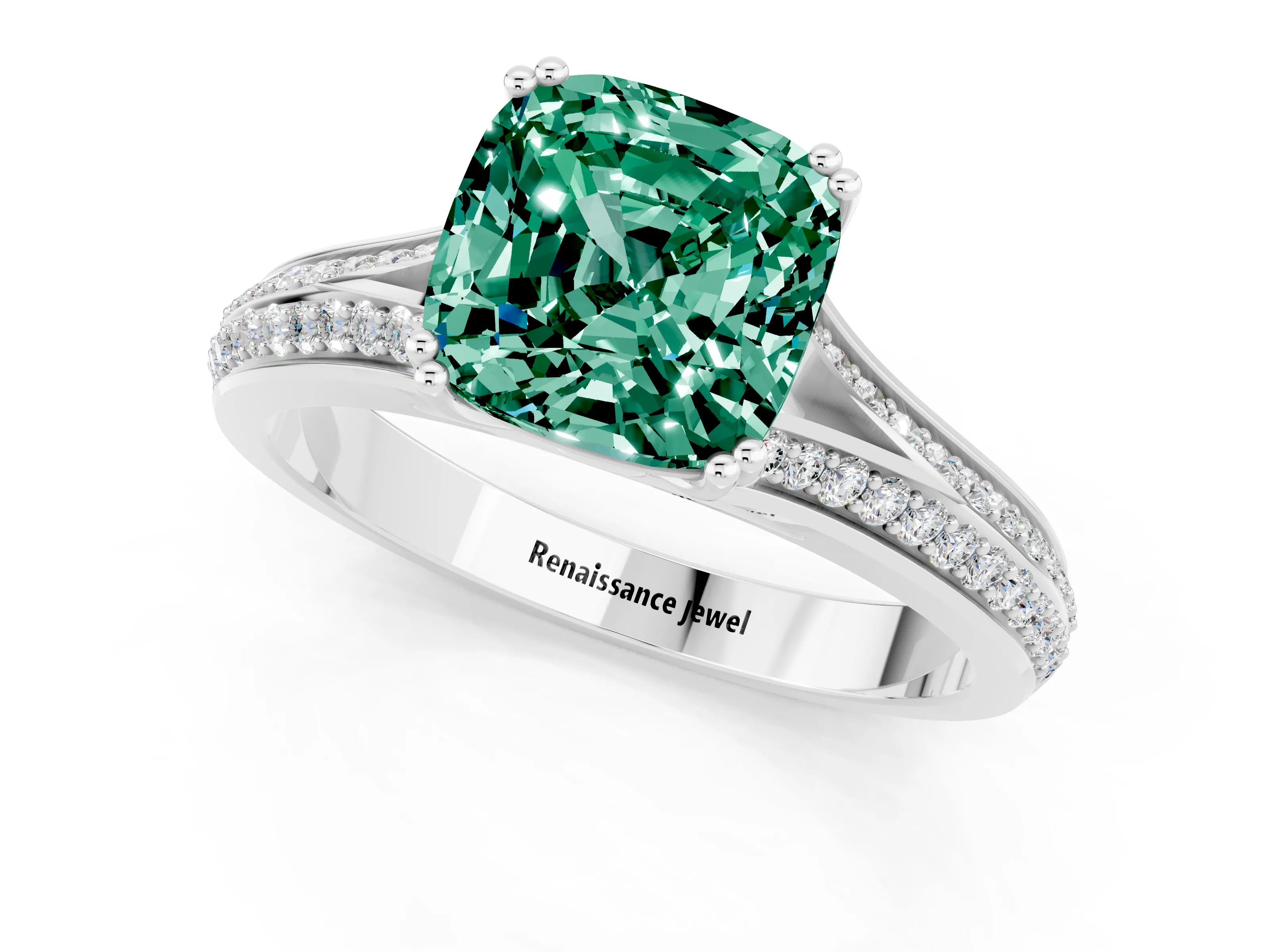 White gold Cushion Cut Green Sapphire Split Shank Engagement Ring with Pavé Band_1